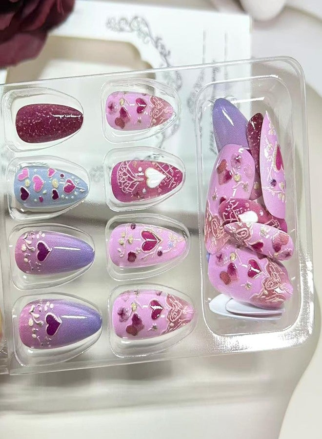 Vopintpy Romantic Valentines Press on Nails Pink Love Heart False Nails Gold Line Design Glue on Nail Glossy Medium Almond Valentines Stick on Nail for Women DIY Manicure - Image 4